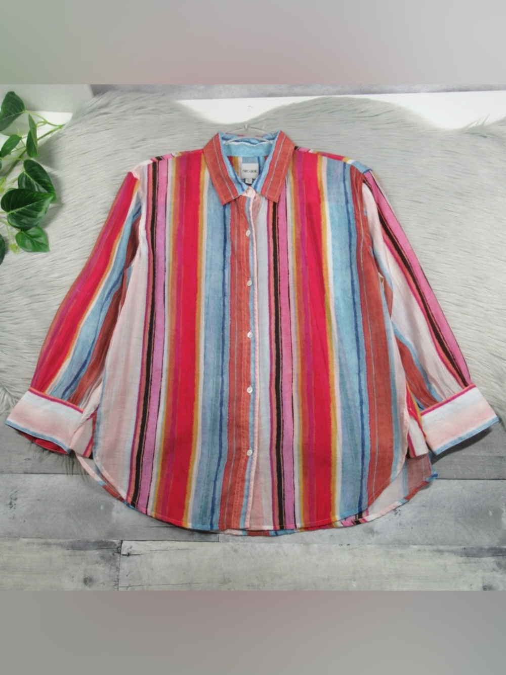 NIC+ZOE Horizon Breeze Multicolored Striped Button Front Shirt - Size Medium - Picture 6 of 11